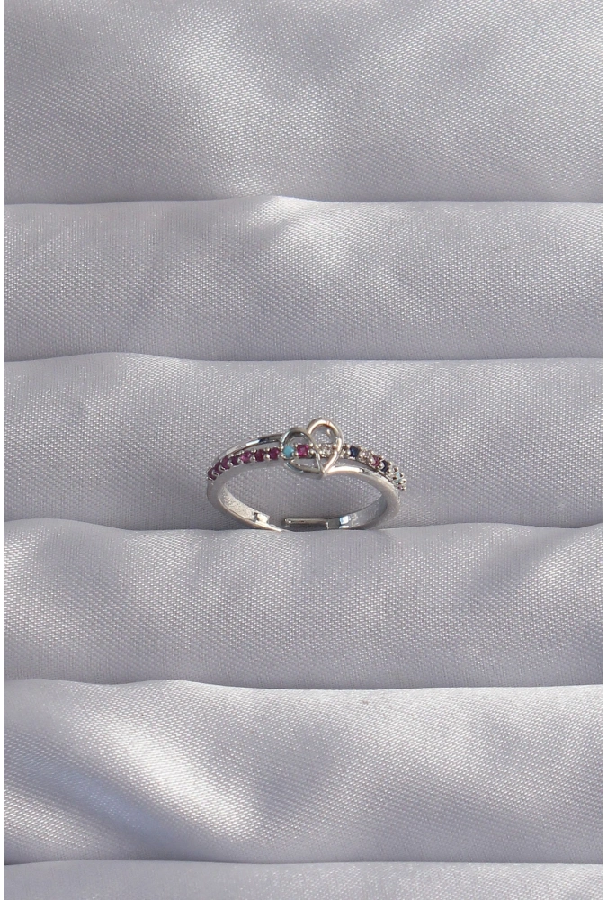 Shoecide Pirinç Gümüş Renk Renkli Zirkon Taşlı Ayarlamalı Yüzük