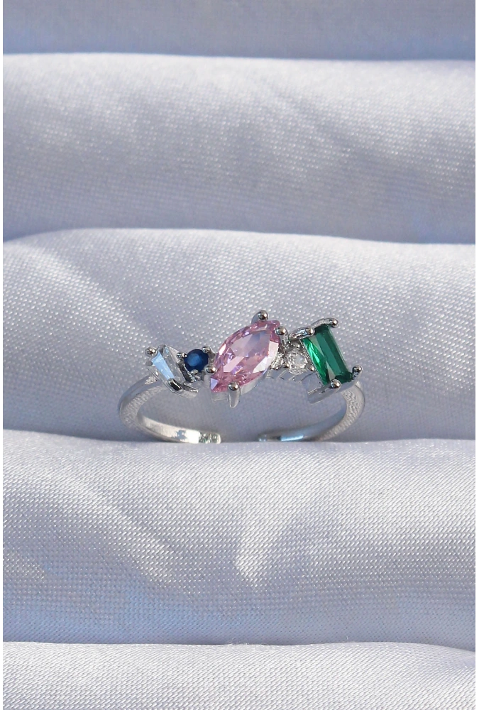 Shoecide Pirinç Gümüş Renk Renkli Zirkon Taşlı Ayarlanabilir Yüzük