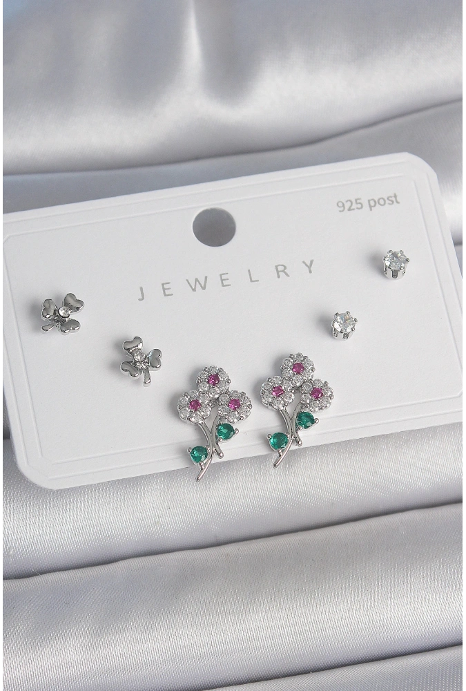 Shoecide Pirinç Gümüş Renk Renkli Zirkon Taşlı Çiçek Model Yaprak Detay 925 Ayar Gümüş Çivi Kadın Küpe Seti