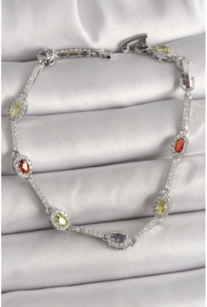 Shoecide Pirinç Gümüş Renk Renkli Zirkon Taşlı Damla Taş Model Kadın Bileklik