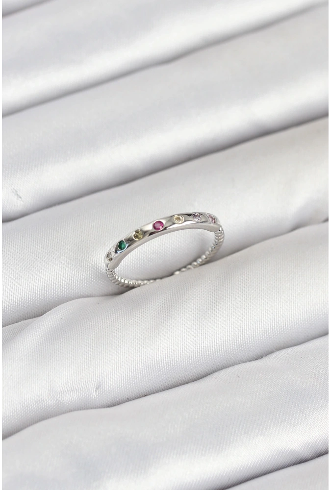 Shoecide Pirinç Gümüş Renk Renkli Zirkon Taşlı Kadın Yüzük