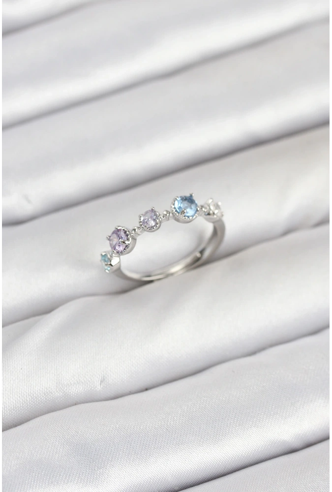 Shoecide Pirinç Gümüş Renk Renkli Zirkon Taşlı Kadın Yüzük