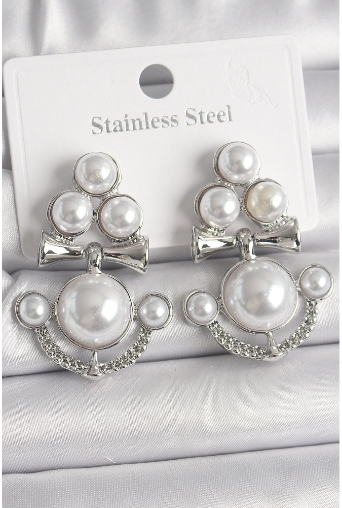 Shoecide Pirinç Gümüş Renk Sallantı İncili Çapa Model Kadın Küpe