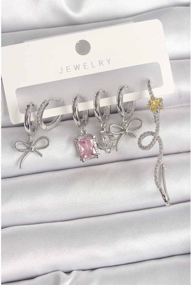 Shoecide Pirinç Gümüş Renk Sallantı Kurdele Kuyruklu Yıldız Figür Pembe Kare Zirkon Taş Detay Kadın Küpe Seti