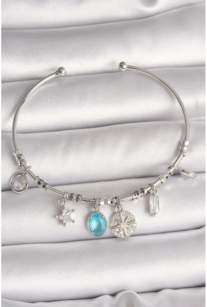 Shoecide Pirinç Gümüş Renk Sallantı Pusula Figür Kalp Detay Charm Kadın Bileklik