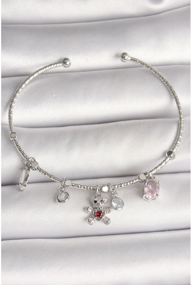Shoecide Pirinç Gümüş Renk Sallantı Zirkon Taşlı Ayıcık Figür Kırmızı Taş Detay Charm Kadın Bileklik