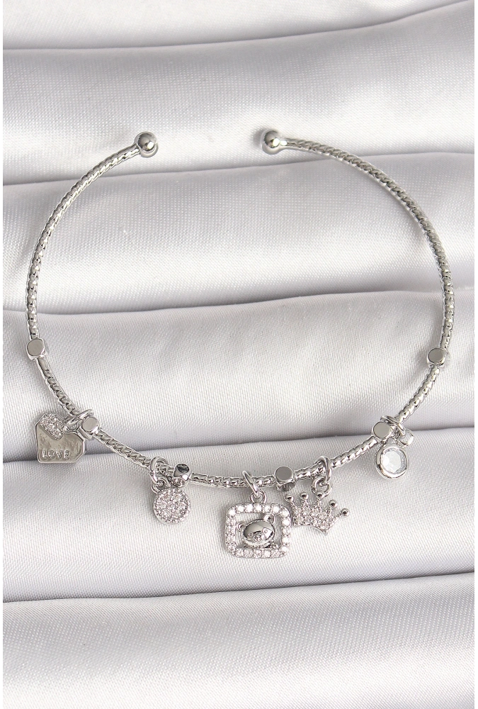 Shoecide Pirinç Gümüş Renk Sallantı Zirkon Taşlı Ayıcık Figür Taç Detay Charm Kadın Bileklik