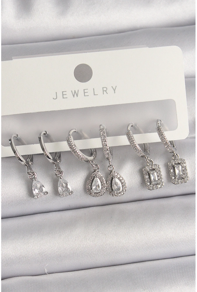 Shoecide Pirinç Gümüş Renk Sallantı Zirkon Taşlı Damla Model Kadın Küpe Seti