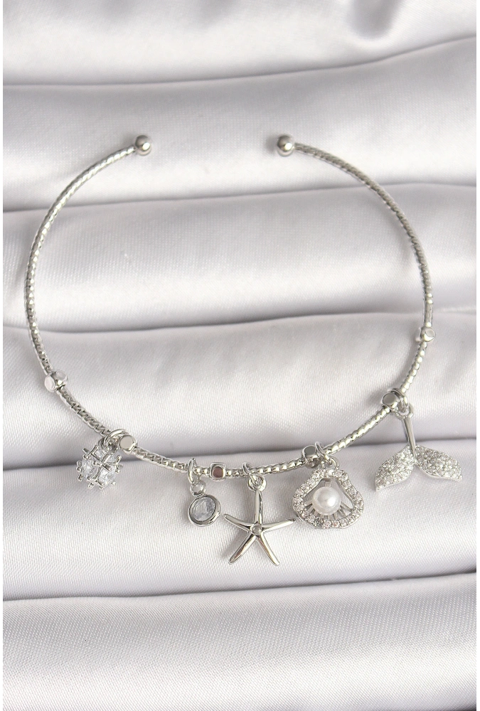 Shoecide Pirinç Gümüş Renk Sallantı Zirkon Taşlı Deniz Yıldız Figür Balık Kuyruğu Detay Charm Kadın Bileklik