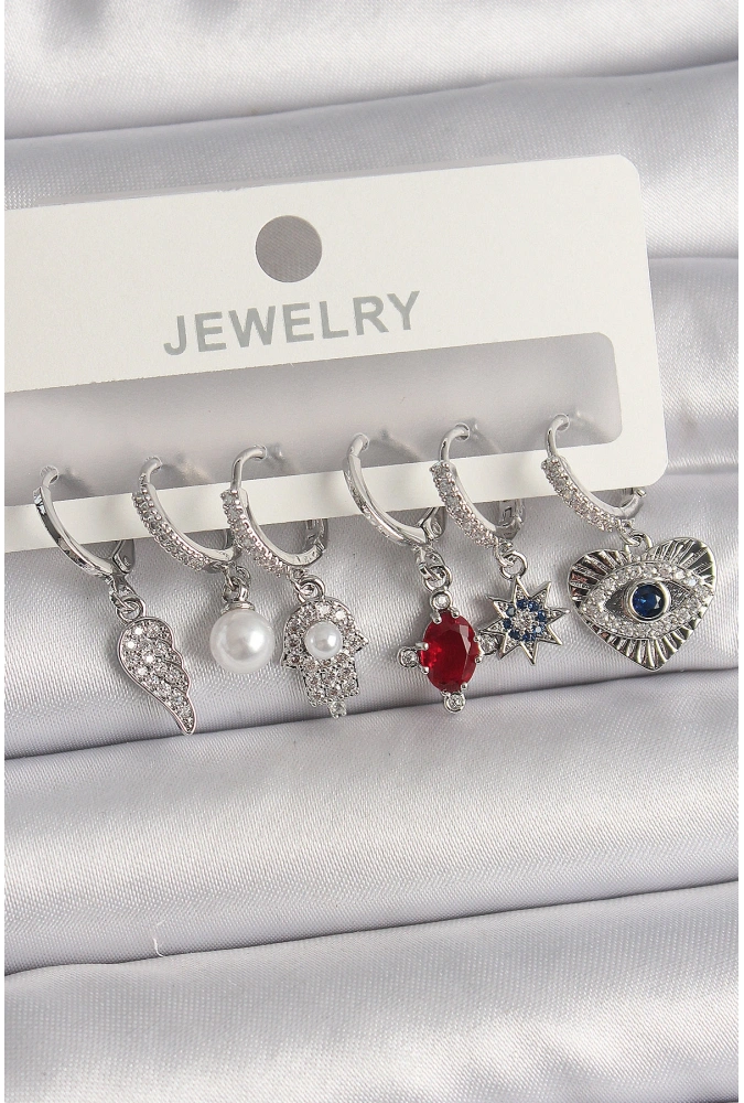 Shoecide Pirinç Gümüş Renk Sallantı Zirkon Taşlı Fatma Ana El Figür Kadın Küpe Seti