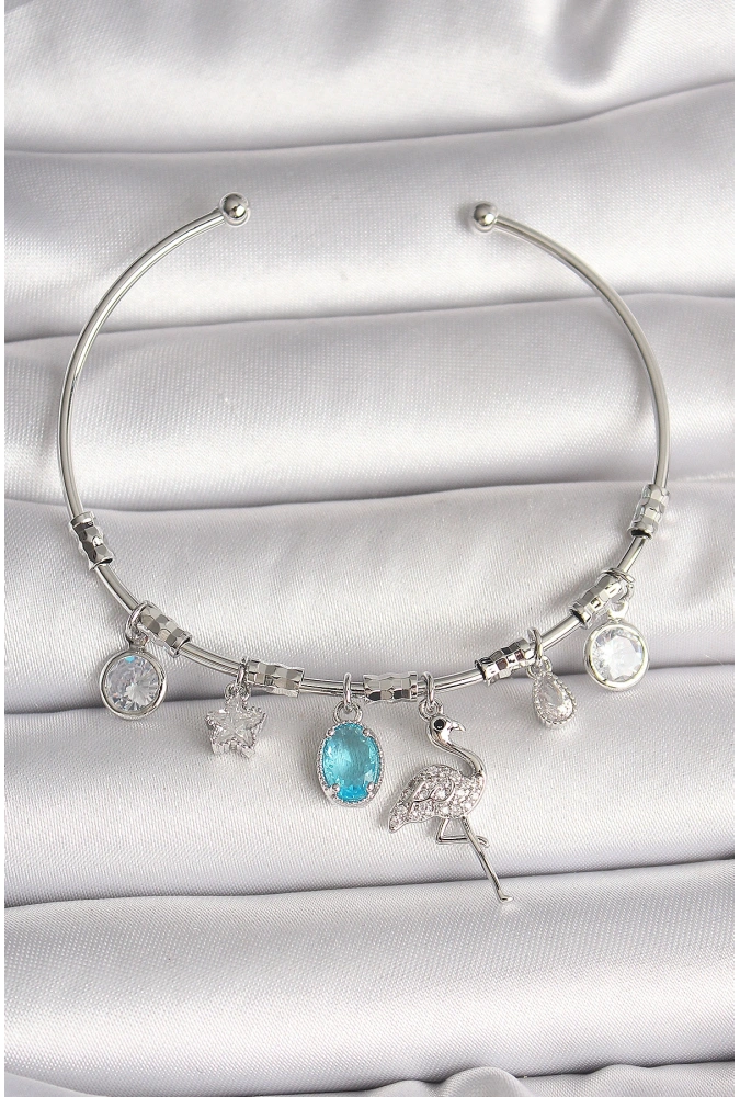 Shoecide Pirinç Gümüş Renk Sallantı Zirkon Taşlı Filaminga Figür Charm Kadın Bileklik