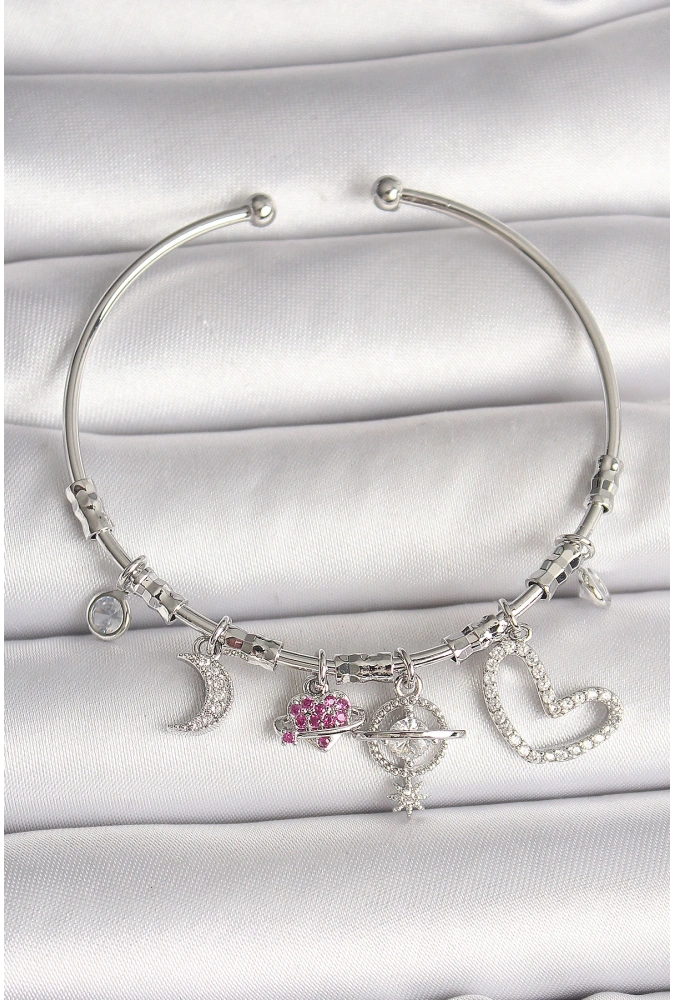 Shoecide Pirinç Gümüş Renk Sallantı Zirkon Taşlı Gezegen Figür Kalp Detay Charm Kadın Bileklik