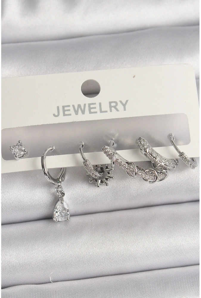 Shoecide Pirinç Gümüş Renk Sallantı Zirkon Taşlı Halka Model Damla Taş Detay Kadın Küpe Seti