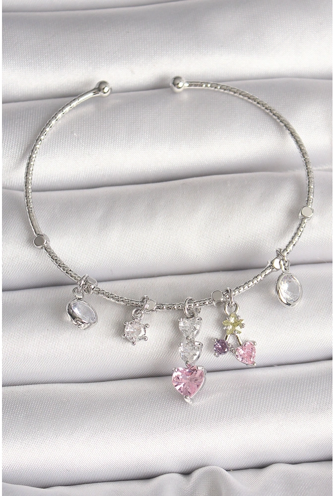 Shoecide Pirinç Gümüş Renk Sallantı Zirkon Taşlı Kalp Figür Charm Kadın Bileklik