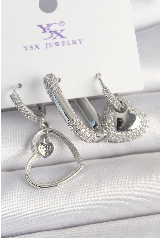 Shoecide Pirinç Gümüş Renk Sallantı Zirkon Taşlı Kalp Model 3lü Kadın Kombin Küpe