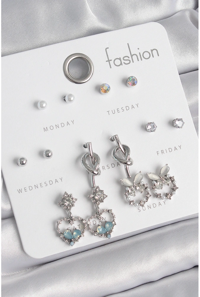 Shoecide Pirinç Gümüş Renk Sallantı Zirkon Taşlı Kalp Model Düğüm Detay 7 Çift Kadın Küpe Seti