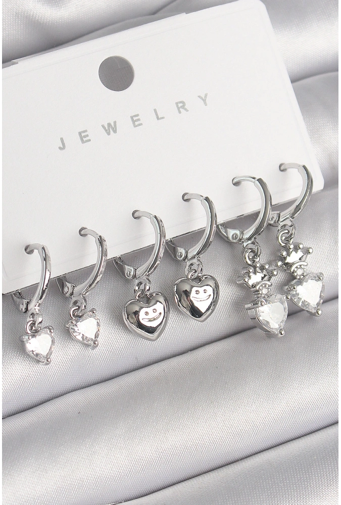 Shoecide Pirinç Gümüş Renk Sallantı Zirkon Taşlı Kalp Model Taç Detay Kadın Küpe Seti