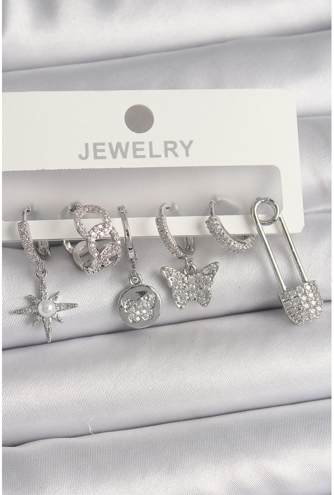 Shoecide Pirinç Gümüş Renk Sallantı Zirkon Taşlı Kelebek Figür Kadın Küpe Seti