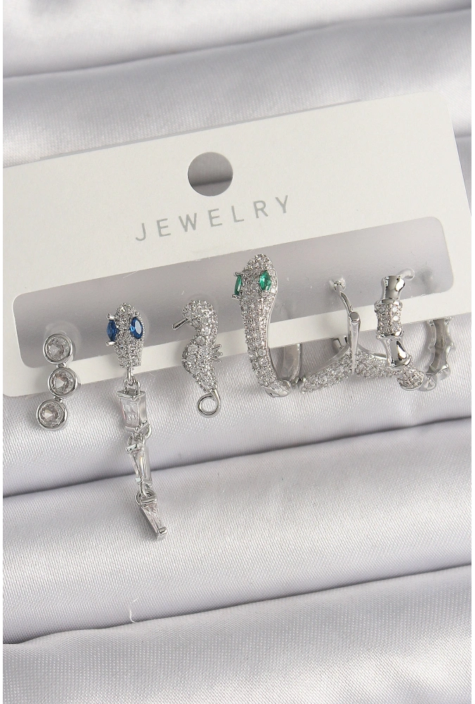 Shoecide Pirinç Gümüş Renk Sallantı Zirkon Taşlı Yılan Model Kadın Küpe Seti