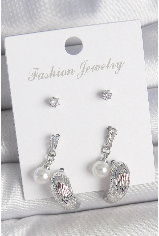 Shoecide Pirinç Gümüş Renk Sallantılı Zirkon Taşlı Damla Model 3 Çift Kadın Küpe Seti