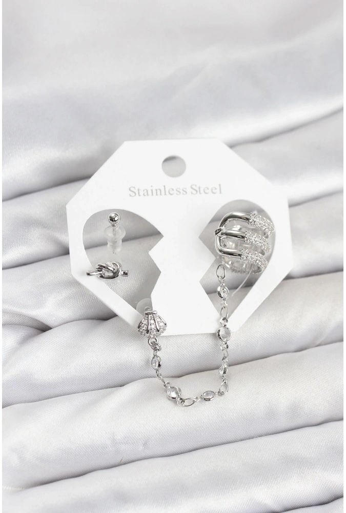 Shoecide Pirinç Gümüş Renk Sarmal Model Zincir Bağlantılı Ear Cuff Küpe Seti
