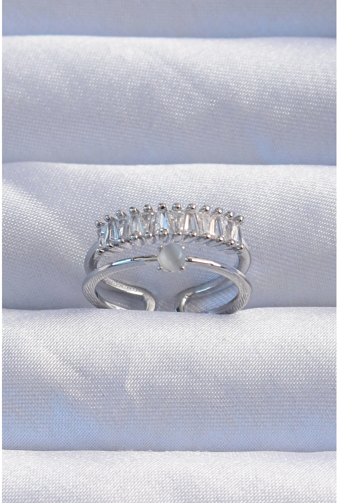 Shoecide Pirinç Gümüş Renk Sedefli Zirkon Taşlı Su Yolu Model 2li Görünüm Ayarlanabilir Yüzük