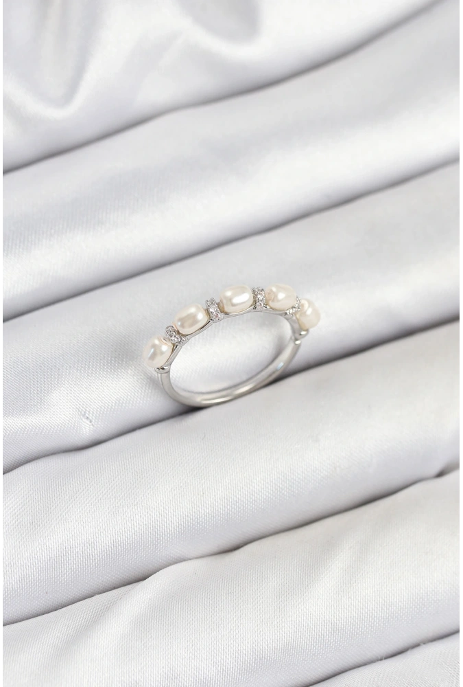 Shoecide Pirinç Gümüş Renk Sıralı İncili Kadın Yüzük