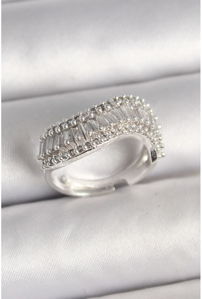 Shoecide Pirinç Gümüş Renk Su Yolu Zirkon Dalga Model Ayarlanabilir Kadın Yüzük