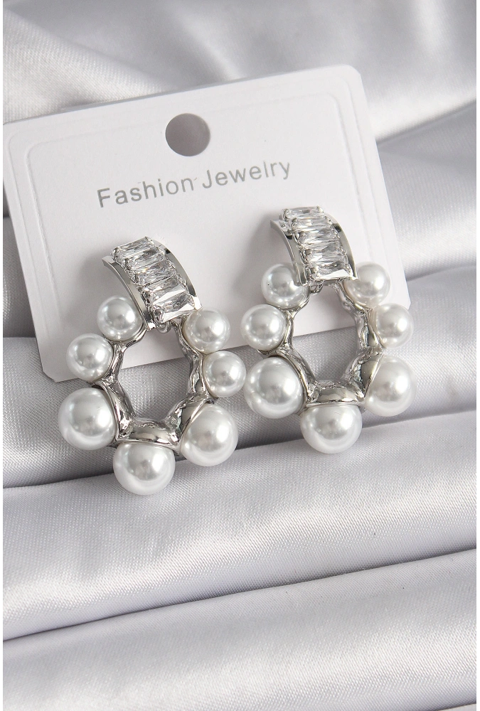 Shoecide Pirinç Gümüş Renk Su Yolu Zirkon Taşlı İncili Halka Model Kadın Küpe