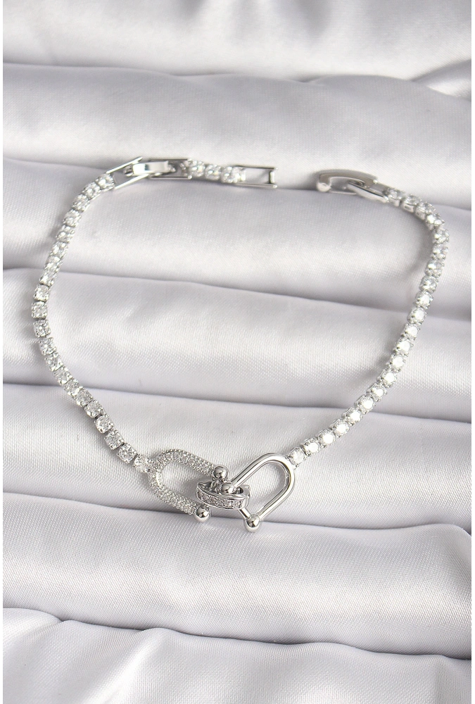 Shoecide Pirinç Gümüş Renk Su Yolu Zirkon Taşlı Model Kadın Bileklik