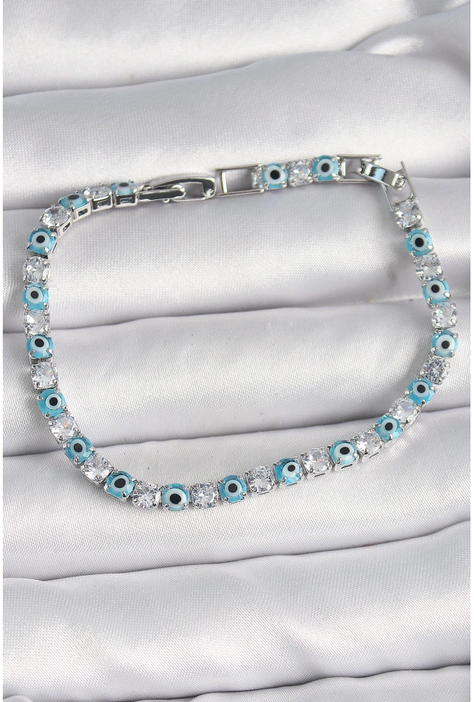 Shoecide Pirinç Gümüş Renk Su Yolu Zirkon Taşlı Nazar Boncuklu Kadın Bileklik