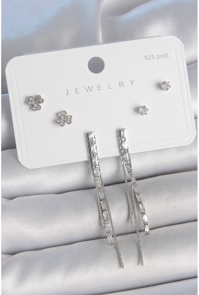 Shoecide Pirinç Gümüş Renk Su Yolu Zirkon Taşlı Sallantı Model Çiçek Detay 925 Ayar Gümüş Çivi Kadın Küpe Seti