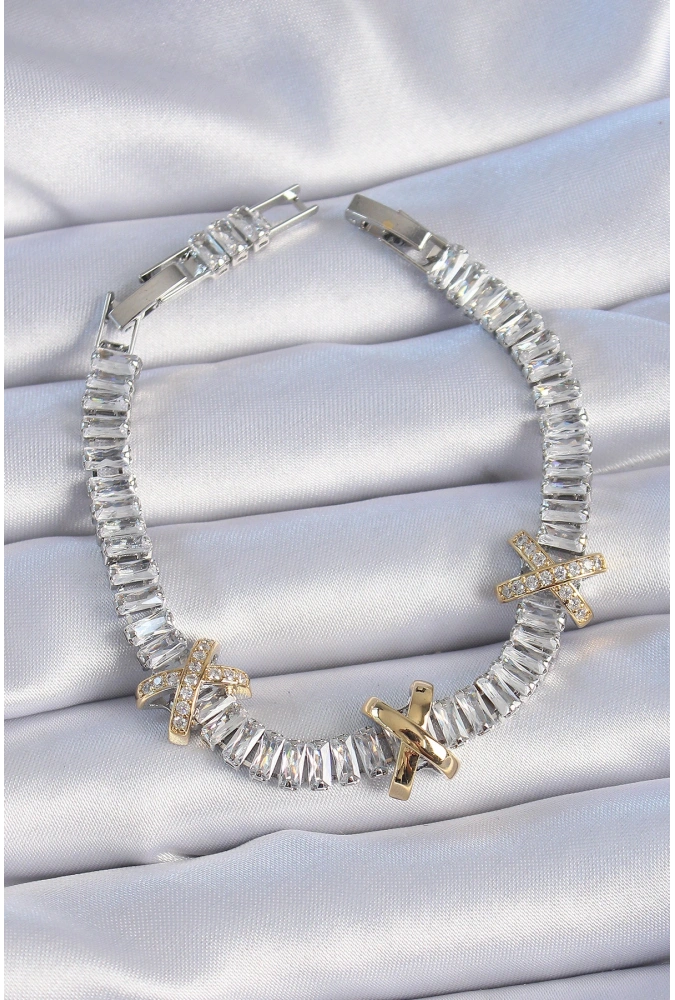 Shoecide Pirinç Gümüş Renk Taşlı Su Yolu Model Vip Seri Kadın Bileklik