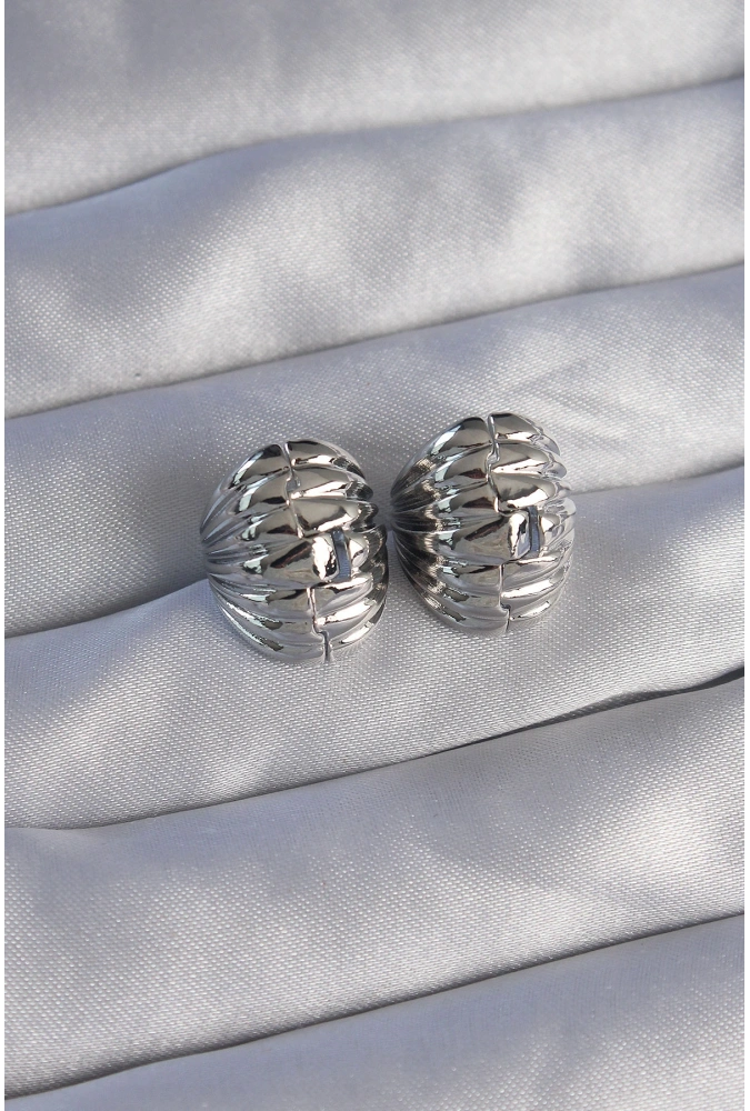 Shoecide Pirinç Gümüş Renk Tırtıklı Minimal Bombeli Tasarım Küpe