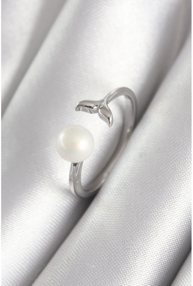 Shoecide Pirinç Gümüş Renk Top İnci Figür Balık Kuyruğu Model Kadın Yüzük