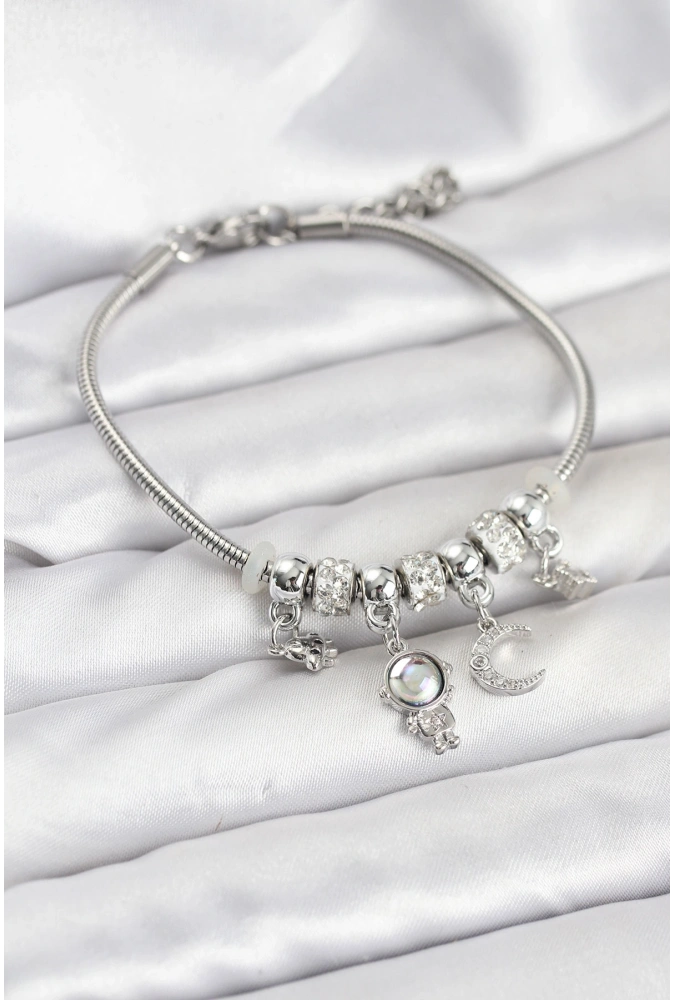 Shoecide Pirinç Gümüş Renk Uzay Tema Charmlı Kadın Bileklik