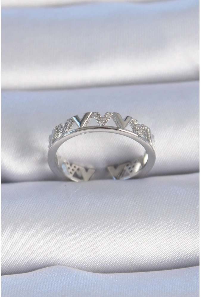 Shoecide Pirinç Gümüş Renk v Model Zirkon Taşlı Kadın Yüzük