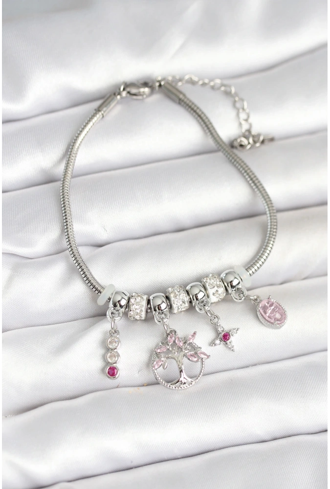 Shoecide Pirinç Gümüş Renk Yaşam Ağacı Charmlı Kadın Bileklik