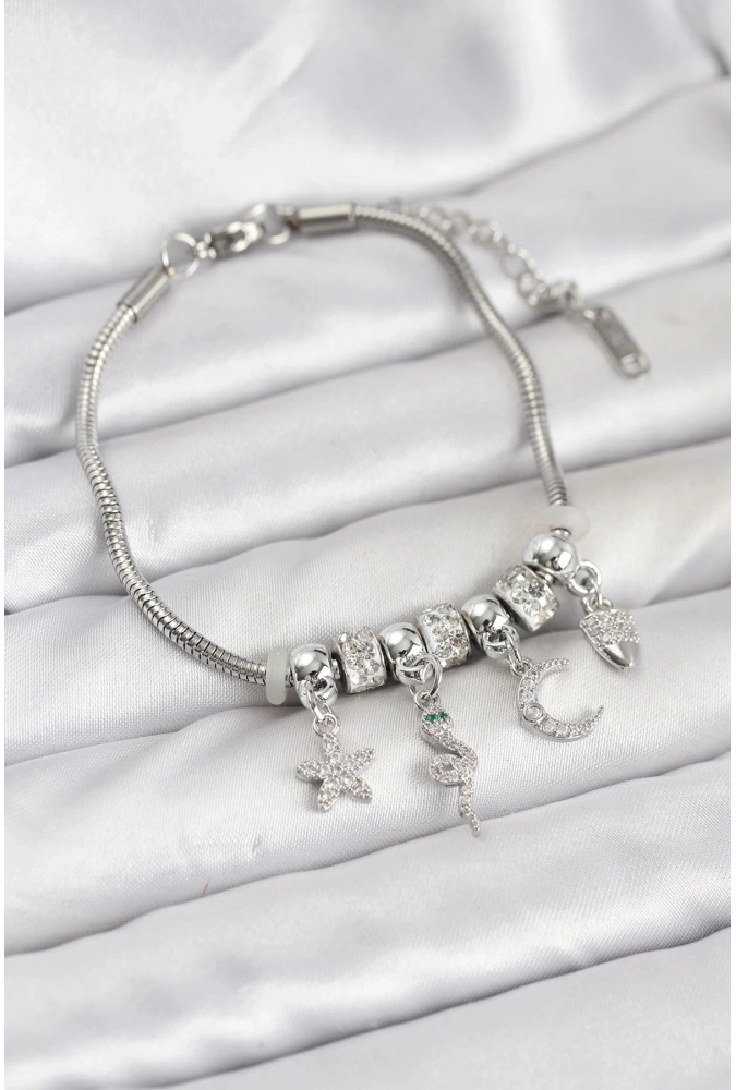 Shoecide Pirinç Gümüş Renk Yılan Charmlı Kadın Bileklik