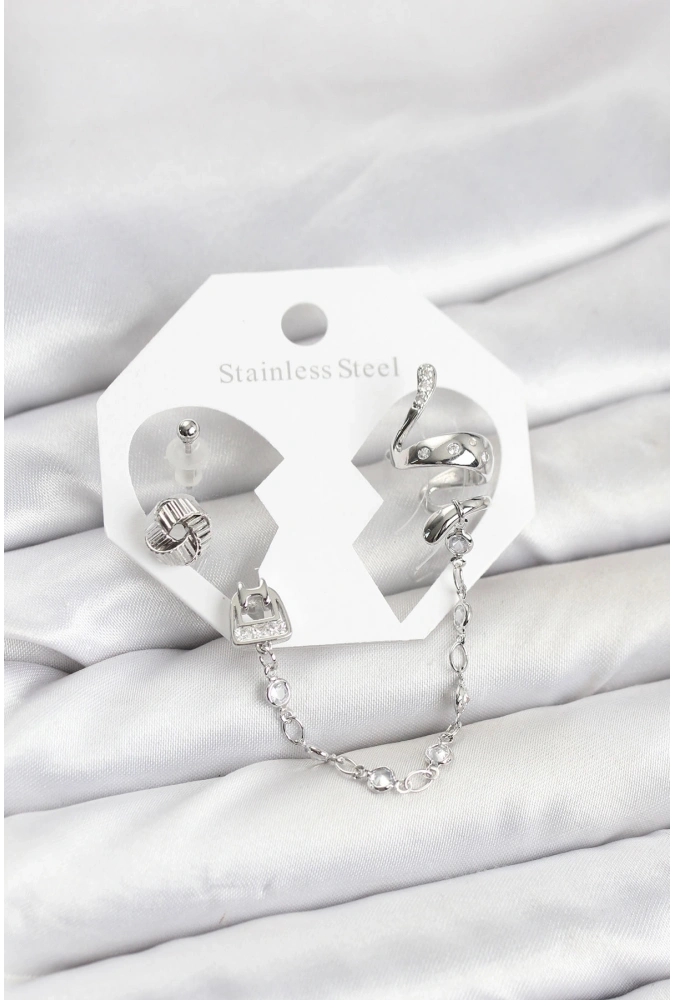 Shoecide Pirinç Gümüş Renk Yılan Model Zincir Bağlantılı Ear Cuff Küpe Seti