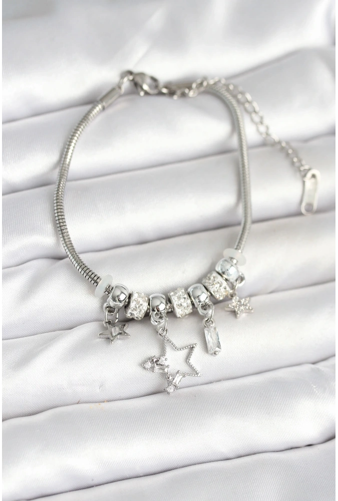 Shoecide Pirinç Gümüş Renk Yıldız Charmlı Kadın Bileklik