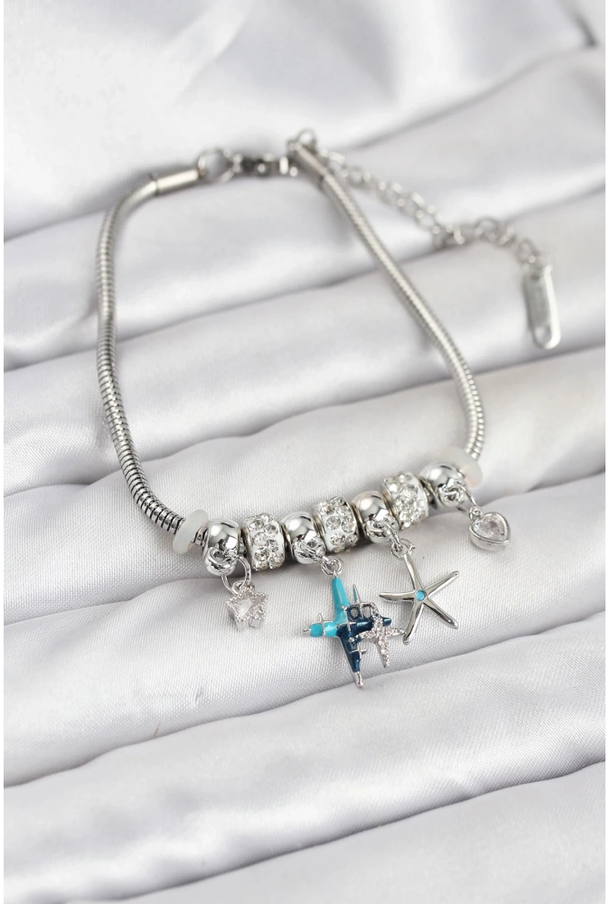 Shoecide Pirinç Gümüş Renk Yıldız Model Charmlı Kadın Bileklik