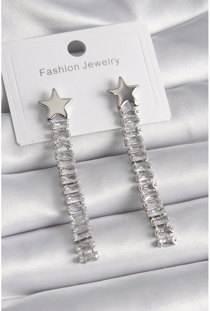 Shoecide Pirinç Gümüş Renk Yıldız Model Su Yolu Zirkon Taş Kadın Küpe