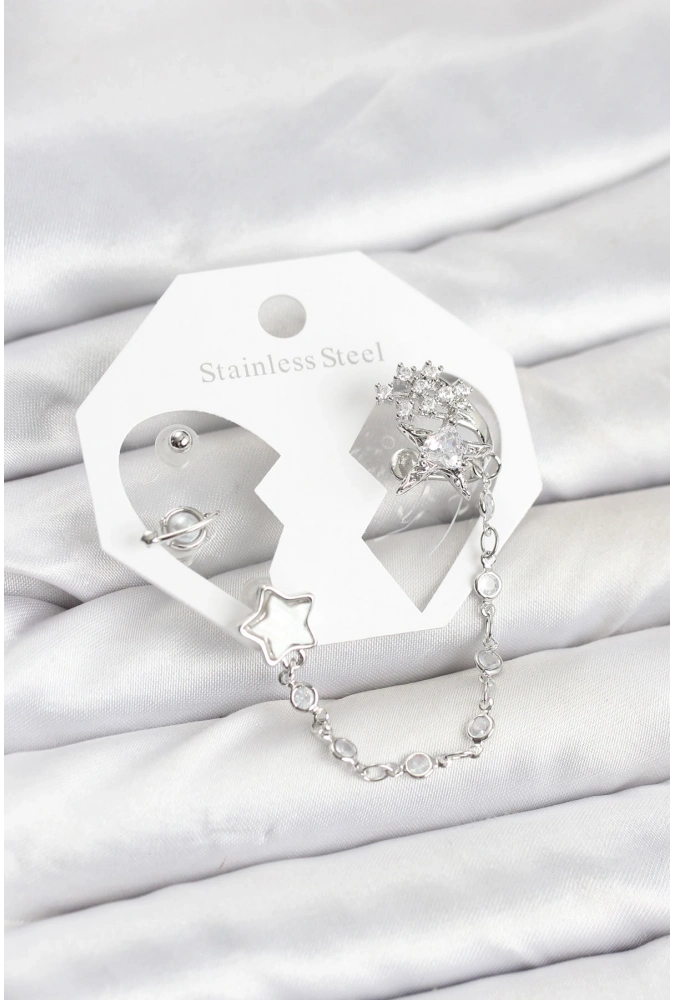 Shoecide Pirinç Gümüş Renk Yıldız Model Zincir Bağlantılı Ear Cuff Küpe Seti