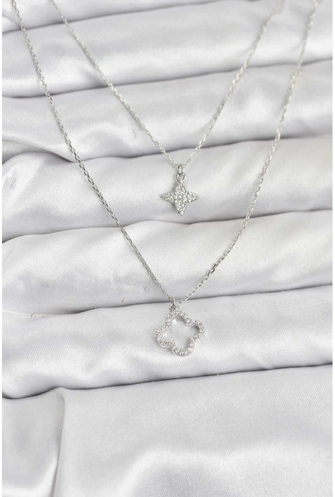 Shoecide Pirinç Gümüş Renk Yonca Model 2li Kadın Kolye