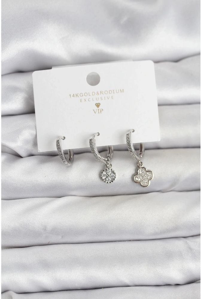 Shoecide Pirinç Gümüş Renk Yonca Model 3lü Kadın Küpe Seti