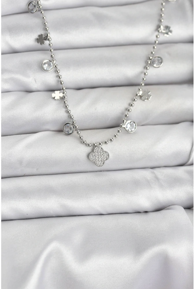 Shoecide Pirinç Gümüş Renk Yonca Model Kadın Kolye