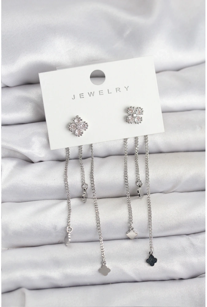 Shoecide Pirinç Gümüş Renk Yonca Model Sallantılı Kadın Küpe