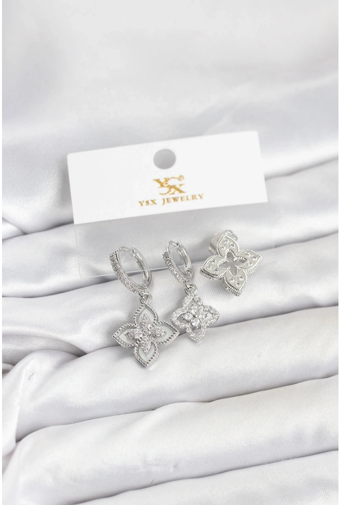 Shoecide Pirinç Gümüş Renk Yonca Model Ysx Trio Küpe Seti