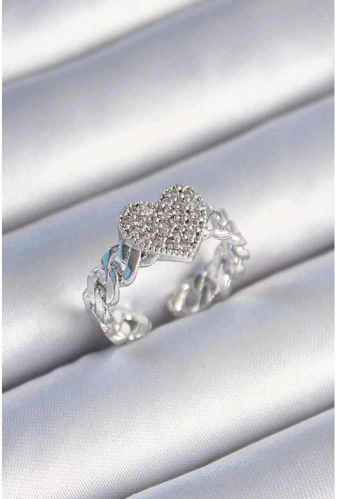 Shoecide Pirinç Gümüş Renk Zincir Kordon Zirkon Taşlı Kalp Model Kadın Yüzük